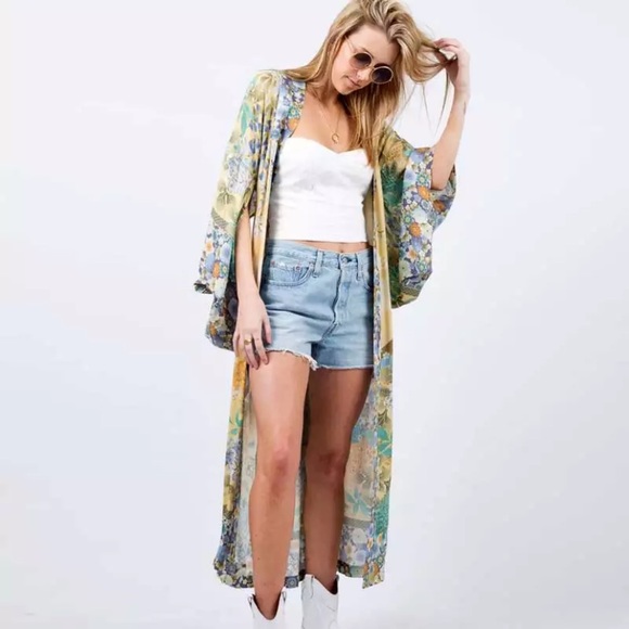Yellow Gypsy Willow Floral Open Kimono Duster Robe - Picture 3 of 8